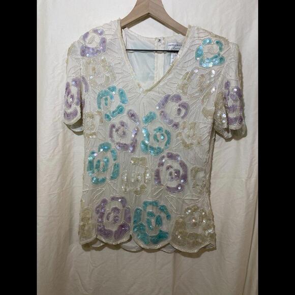 Papell Boutique Vintage Evening Top Embellished Beaded Silk‎ Blouse Small - Picture 1 of 7